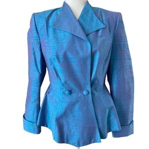 Lilli Ann Designer Vintage Iridescent Blue Silk Peplum Blazer Jacket Size 6 NWT